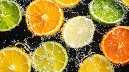 Canvas Print - Sliced citrus fruits in water splashes, with vivid yellow, green, and orange colors illuminated against black.