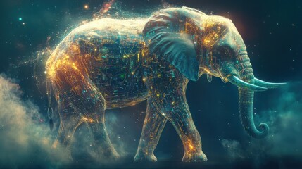 Poster - A translucent elephant with circuits and quantum data flowing through