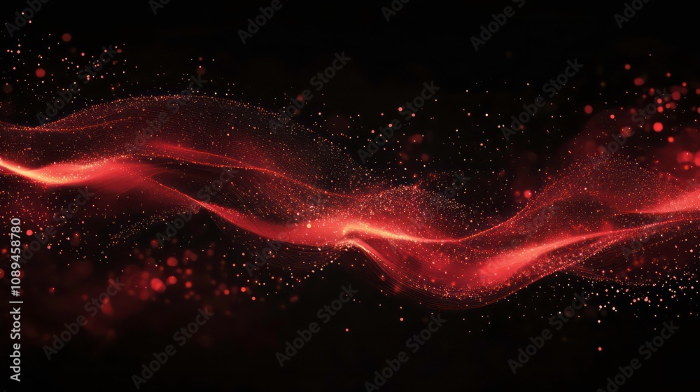 Abstract red wave of light and particles on a black background. Stock ...