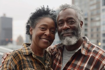 Wall Mural - Portrait of a tender afro-american couple in their 60s dressed in a relaxed flannel shirt isolated in modern cityscape background