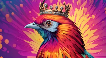 Wall Mural - A vibrant bird adorned with a crown showcasing a spectrum of colors in its plumage against a natural backdrop of 4K vertical