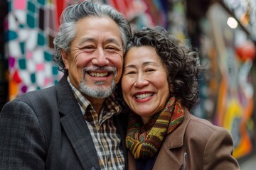 Sticker - Portrait of a cheerful mixed race couple in their 50s wearing a professional suit jacket over vibrant market street background