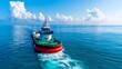 © Wilasini - Innovative floating tugboat like waste collector vessel made from reclaimed plastics working to clean up and remove floating debris and pollution from the open ocean waters