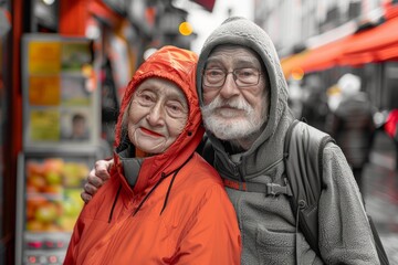 Sticker - Portrait of a blissful couple in their 70s sporting a comfortable hoodie isolated in vibrant market street background