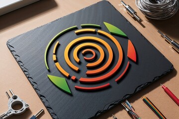 Poster - Vibrant Logo Featuring Intricate Wiring Design Surrounded by Dynamic 3D Shapes on a Clean Background