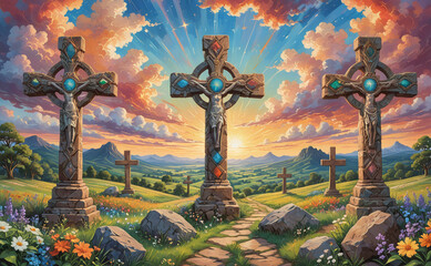 Aufkleber - Three crosses are shown in a field with a sunset in the background. The crosses are of different colors and sizes, and they are placed in a row. Scene is peaceful and serene, with the beautiful sunset