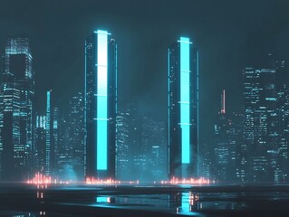 Wall Mural - Futuristic Skyline with Glowing Bar Charts Competing for Market Dominance