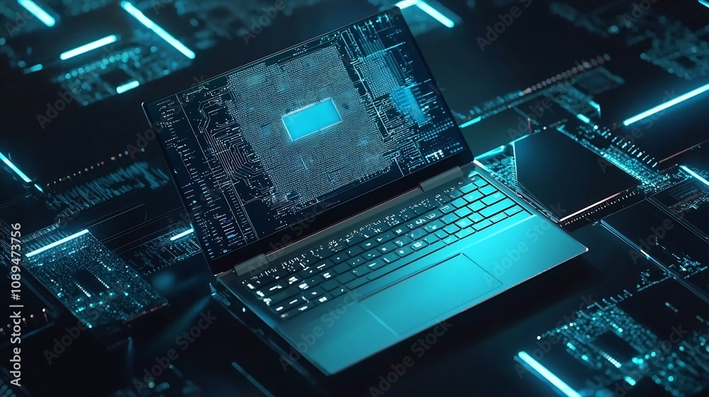Luminous high tech laptop with chip and circuitry featured in a digital ...