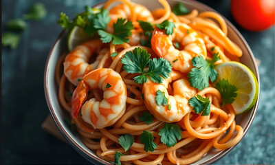 Poster - A bowl of shrimp and pasta with green herbs and a tomato on the side. The dish looks delicious and inviting