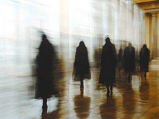 Aufkleber - Mysterious Figures in Shadows Moving Through an Elegant Space with Flowing Light and Texture, Evoking Themes of Time, Motion, and Urban Environment in a Dreamlike Ambience