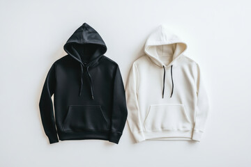 Wall Mural - Classic black and white hoodies with drawstring details displayed side by side on a plain white background, ideal for fashion mockups, branding templates, and casualwear marketing