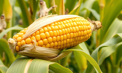 Aufkleber - A yellow corn ear is sitting on a green leaf. The corn is ripe and ready to be harvested