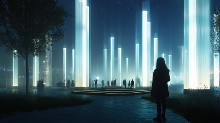 Poster - Ethereal Night Scene with Illuminated Pillars and Silhouetted Figures Against a Dark Sky in a Mystical Urban Environment