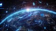 © Kunchan - Vibrant depiction of a planet Earth surrounded by a glowing network of lines connecting cities and symbols of technology innovation and governance