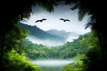  two birds flying over a body of water surrounded by lush green trees and mountains in the background, with a bright blue sky above