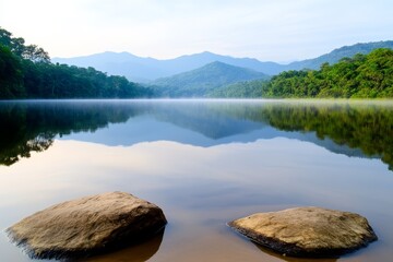  two large rocks in the middle of a lake surrounded by lush green trees and majestic mountains in the background, with a clear blue sky above