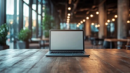 Wall Mural - laptop with blank screen on wooden table in cafe.