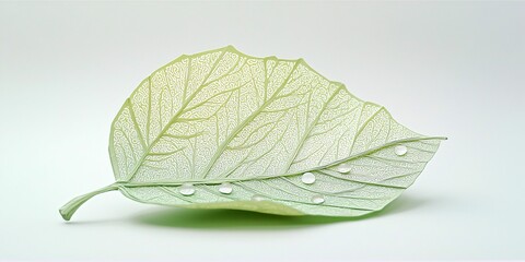 Poster - Craftsmanship and creativity in paper art. A delicate leaf with visible veins and water droplets, set against a soft, minimalistic background that emphasizes its texture and beauty.