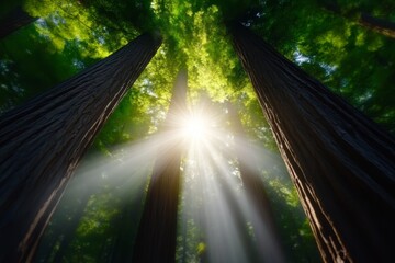 Poster -  a majestic redwood forest with the sun shining through the trees, creating a beautiful and serene atmosphere