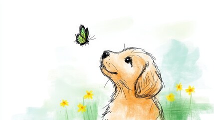 Wall Mural -  a drawing of a dog with a butterfly perched on its head, surrounded by a field of flowers