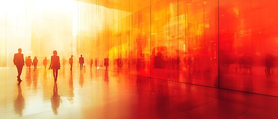 Poster - Silhouetted Figures in a Dreamy Urban Environment with Warm Tones of Orange and Red Illuminating Modern Architecture and Reflecting on the Floor