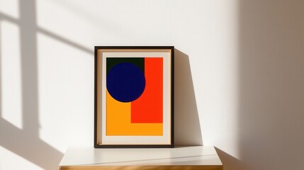 Poster - Home sweet home, A colorful abstract artwork inside a frame, displayed on a wooden surface, illuminated by natural light from a nearby window.