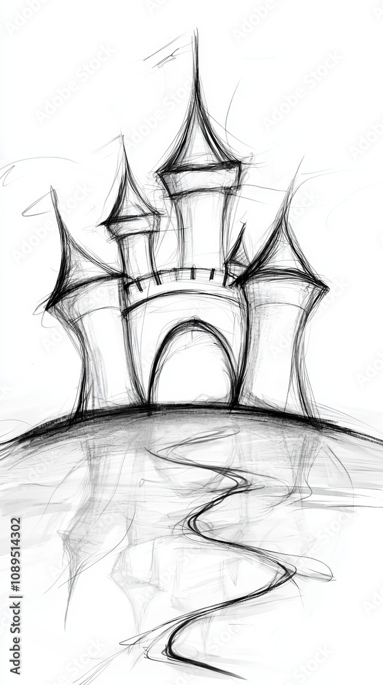 a black and white drawing of a castle on a white background The castle ...