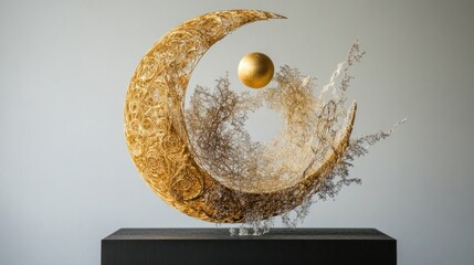 Poster - Elegant Sculpture Depicting Moon and Sun in Harmonious Balance, Capturing Artistic Beauty with Intricate Gold Textures and Fluid Shapes, Ideal for Modern Aesthetic Spaces