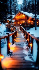 Sticker -  a wooden bridge with lights strung across it, leading to a cabin in the woods The cabin is surrounded by trees and the sky is visible in the background The snow o