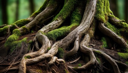 Intricate Forest Root Network: Nature's Organic Architecture with Moss Covered Textures Showcasing Resilience, Growth, and Biodiversity in Woodland Ecosystems. Perfect for Environmental Art Concepts