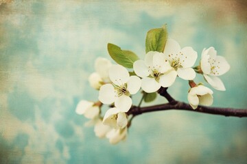 Wall Mural - Simple illustration of a branch with white flowers against a blue background, ideal for use in designs and projects where a touch of elegance is needed