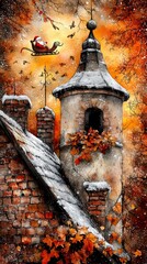 Sticker -  a painting of a house with a chimney and a Santa Claus sleigh flying over it The house is covered in a blanket of snow and there are leaves scattered around it In