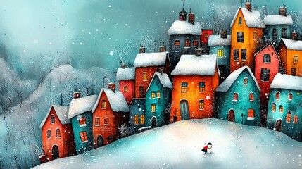 Sticker -  a small town in the middle of a snowy field, with colorful houses covered in a blanket of snow The sky is a deep blue, and the trees are dusted with a layer of whi