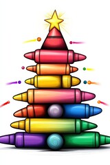 Poster - Colorful crayon tree with a star on top. The tree is made up of many different colored crayons stacked on top of each other. Concept of creativity and playfulness
