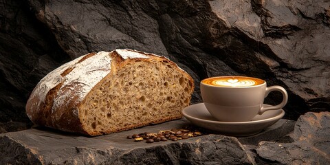 A rustic loaf of bread next to a steaming cup of coffee, set against a textured stone background, evokes warmth and comfort.