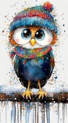 Poster -  a painting of an owl wearing a colorful hat and scarf, perched on a branch against a white background The owl is painted in a variety of colors, including blues, g