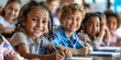 © Aleksandra Konoplya - Banner with Group of happy diverse school children sitting in a classroom, writing in notebooks during a lesson. Education, back-to-school, diversity concepts