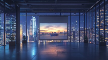 Poster - Empty modern office interior with large canvas display for Mockup and panoramic city views at night. 3D Rendering 8k High Resolution