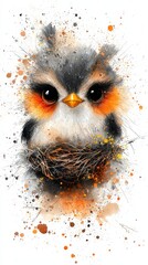 Poster -  a watercolor painting of a baby bird with a nest in its beak, set against a white background The bird is painted in shades of white, black, orange and yellow, crea