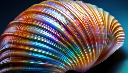 Poster - Macro View of Iridescent Seashell Ridges Showcasing Vibrant Light Refraction and Textured Patterns. Study in Natural Design and Color Dynamics for Art and Interior Decor Inspiration
