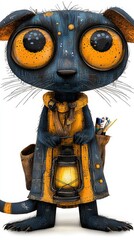 Poster -  a cartoon cat wearing a yellow coat and holding a lantern in its hand The background is white, giving the image a bright and cheerful atmosphere The cat has a mis