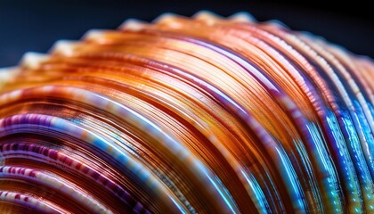 Poster - Macro View of Iridescent Seashell Ridges Showcasing Vibrant Light Refraction and Textured Patterns. Study in Natural Design and Color Dynamics for Art and Interior Decor Inspiration