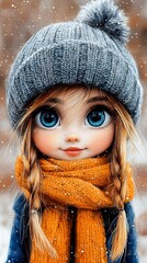  a cute little girl with blue eyes wearing a knitted hat and scarf, standing in a wintery landscape with snowflakes falling around her The background is blurred, gi