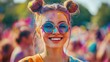 © Boonnam Burart - Young woman with colorful powder on face smiling joyfully during festival, celebrating life, happiness, and creativity in vibrant summer atmosphere with friends and music.