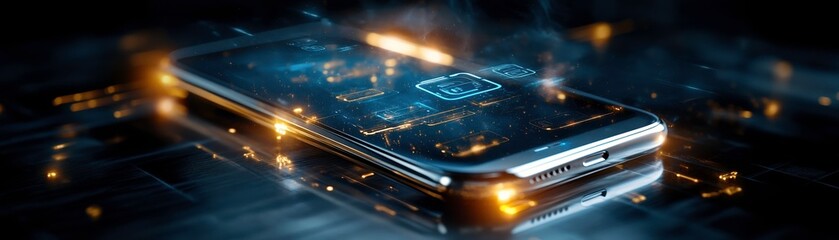 Fototapete - smartphone with glowing privacy features and digital interface, showcasing advanced technology and modern design. image evokes sense of innovation and security