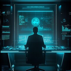 Wall Mural - Futuristic Office with Glowing Desk Where Leader Reviews Holographic Business Data Symbolizing Strategic Decision Making and Foresight