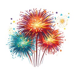 Poster - Colorful Display of Fireworks in Celebration, Featuring Bright Explosions of Red, Blue, Yellow, and Green, Surrounded by Vibrant Stars and Festive Elements