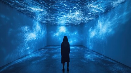 Poster - A solitary figure stands in a dimly lit room, captivated by projected blue waves illuminating the walls and ceiling, creating an immersive oceanic atmosphere.