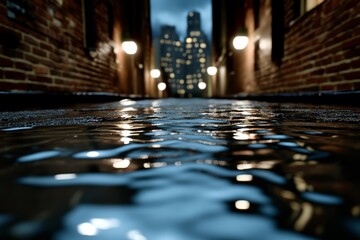 Poster -  a puddle of water in the middle of a city street at night, illuminated by the lights of the buildings on either side The sky is visible in the background, and the