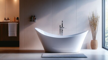 Poster - A white bath tub in a bathroom next to a window, great for interior design and lifestyle images